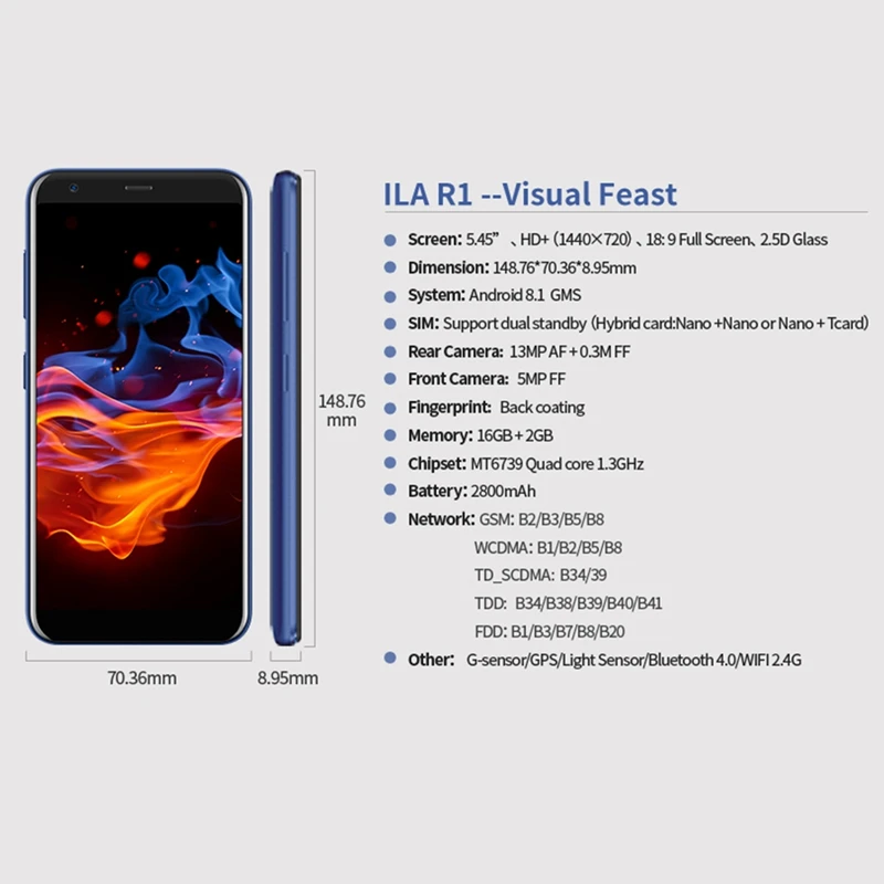 Global iLA R1 Quad Core 13MP 2GB RAM 16GB ROM 2800mAh Mobile Phone 5.45