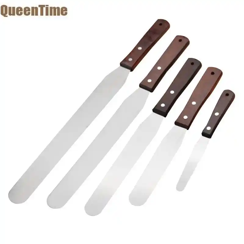 QueenTime лопатка из нержавеющей стали, скребок для крема, масла, тесто, лопатка для торта с деревянной ручкой, многоразмерные инструменты для выпечки кондитерских изделий - изображение