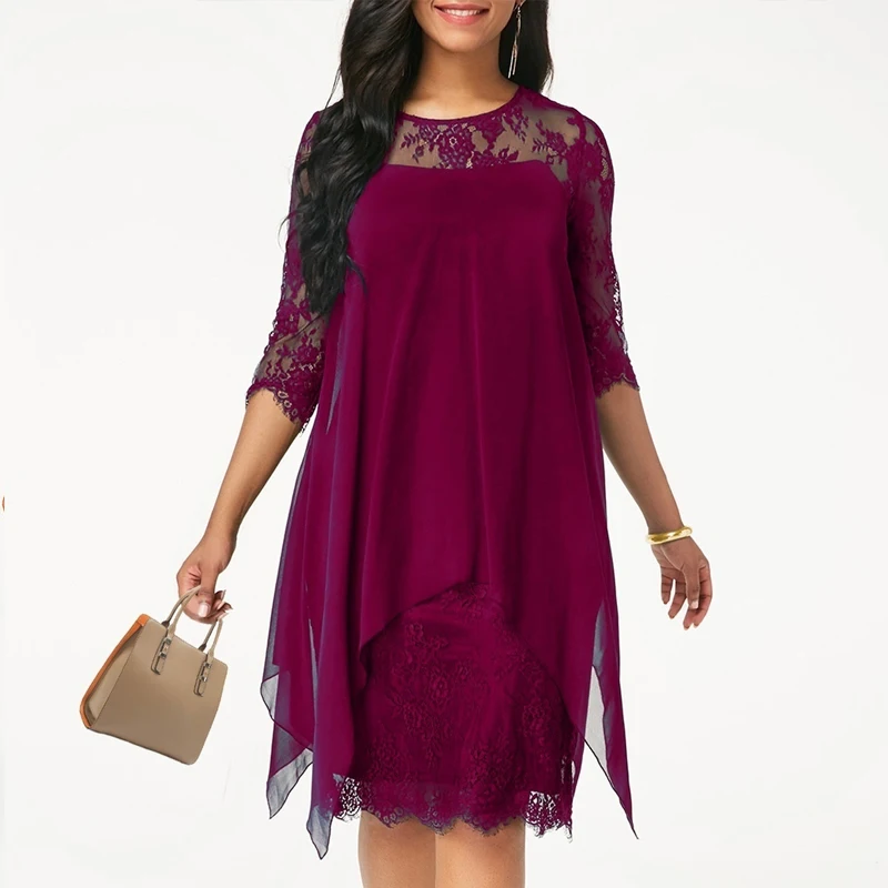 2020 Women Fashion O-neck Lace Irregular Chiffon Dress Overlay Three Quarter Sleeve Stitching Hem XXS-5XL | Женская одежда