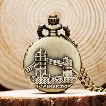 

Cool Bronze Tower Bridge Case Design Quartz Pocket Watches Small Size Fob Watch Sweather Necklace Pendant for Women Ladies Gift