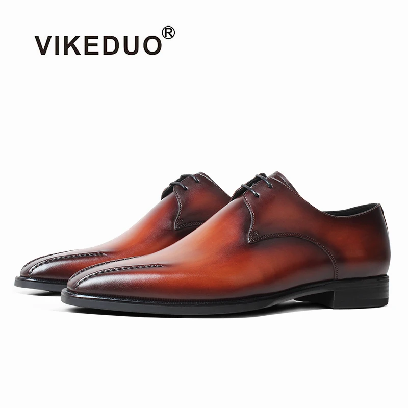 

VIKEDUO Italian Style Shoes For Men Patina Square Leather Derby Dress Shoes Mans Bespoke Leather Footwear Wedding Office Zapatos