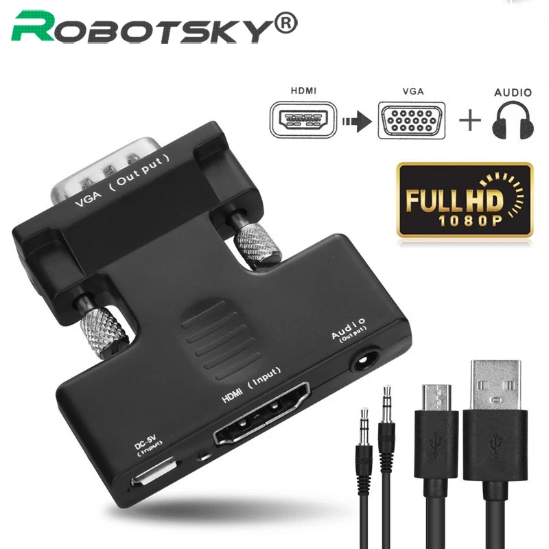 

HDMI to VGA Converter Female to Male with Audio Power Adapter Support 1080P Signal HDMI to VGA Audio 5V DC Adaptor Connector