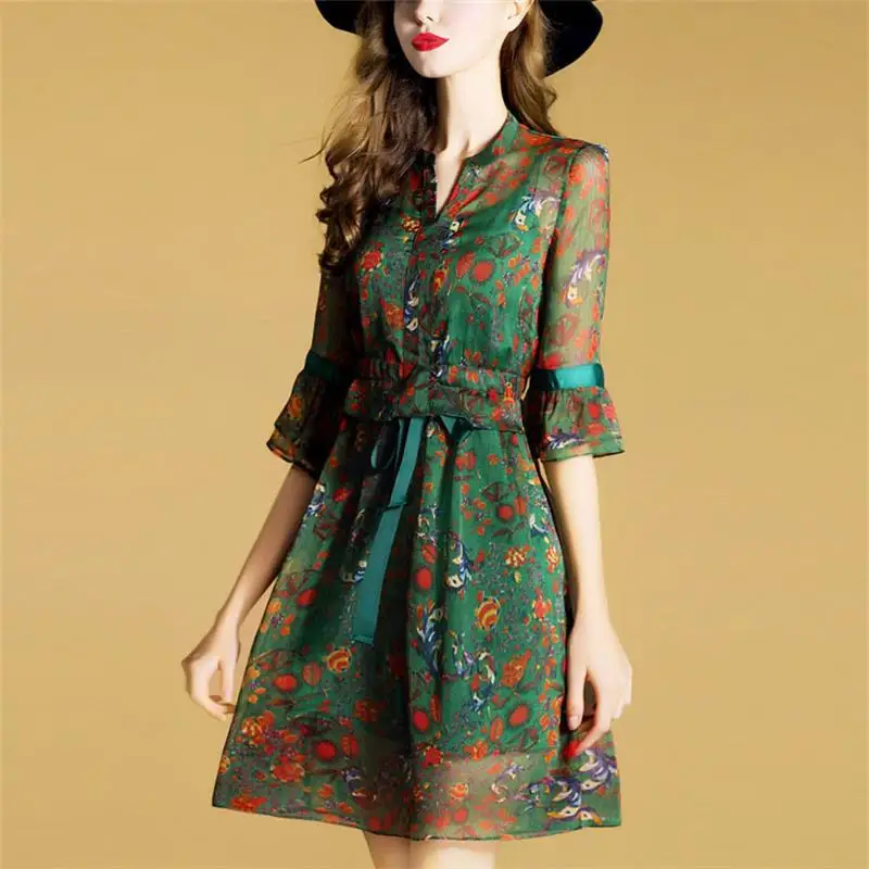 

2019 Summer Dress For Women Half Sleeve Print Floral Lady Dress With Sashes Casual Green Vintage Women Dresses Female Vestidos