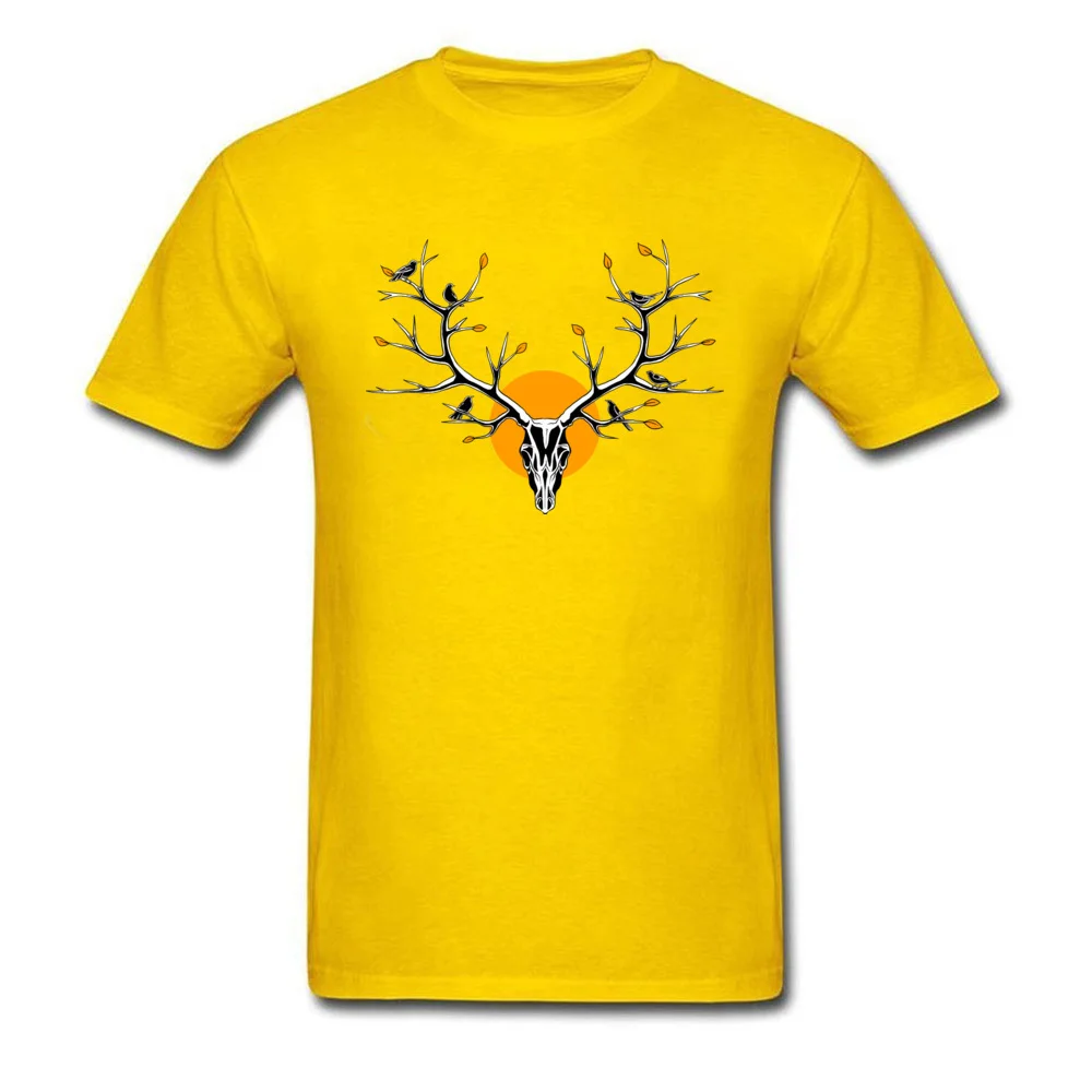 Deer Skull 100% Cotton Fabric Casual Tops & Tees Retro Short Sleeve Mens T Shirt Street VALENTINE DAY Clothing Shirt Round Neck Deer Skull yellow