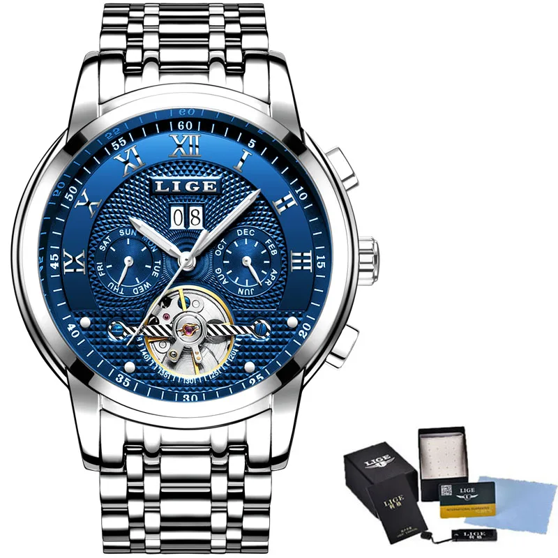 LIGE новые мужские s часы лучший бренд класса люкс Бизнес Автоматическая техника мужские часы все стальные водонепроницаемые мужские часы+ коробка для часов - Цвет: silver blue