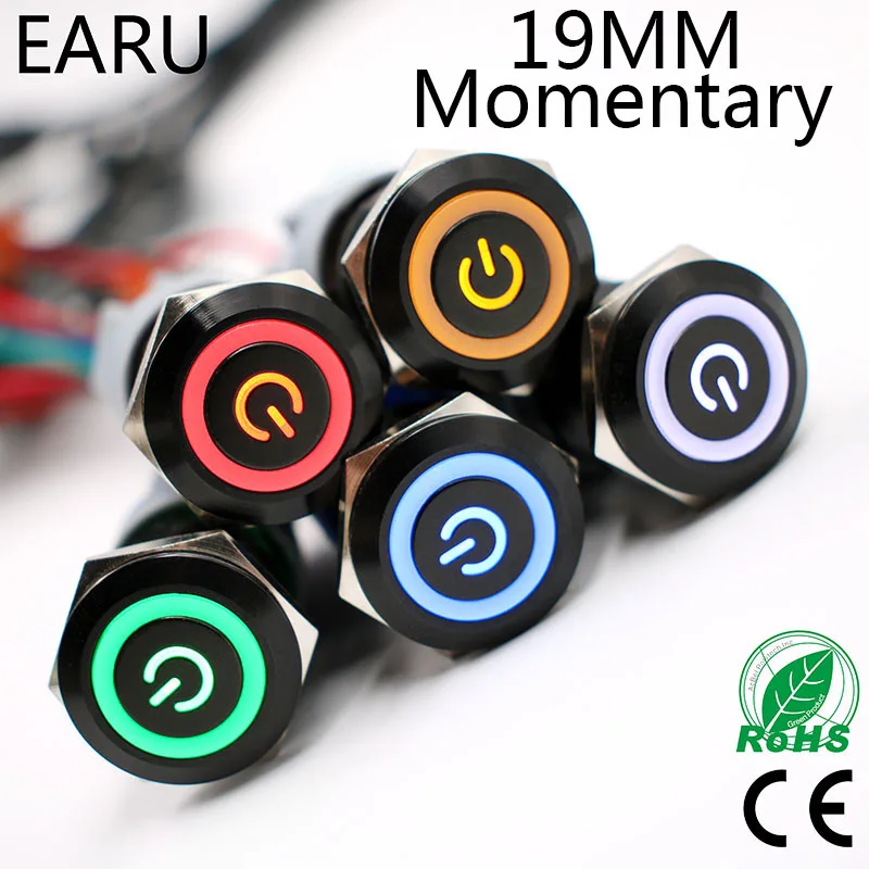 

19mm Press Metal Push Button Switch LED Light Illuminated Alumina Black Body Waterproof Momentary Reset PC Power 5V 12V 24V 220V