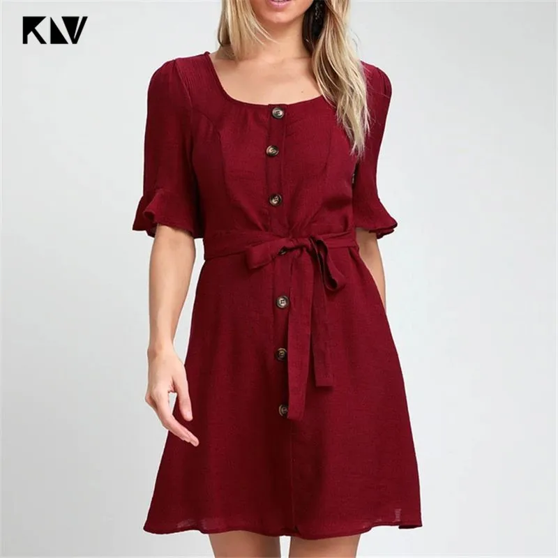 

KLV Plus Size Summer Ruffles Half Sleeves Chiffon Dress Decorative Button Up Solid Color Square Neckline High Waist Sundress