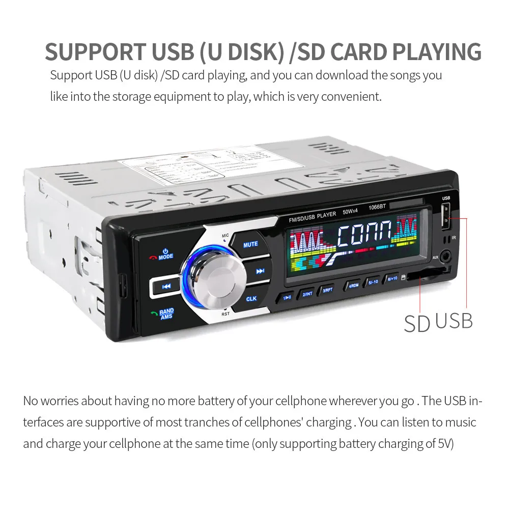 

Fashion Ergonomic design Car Stereo Audio In-Dash Aux Input FM Receiver SD USB MP3 Radio Player Built-in Bluetooth + microphone