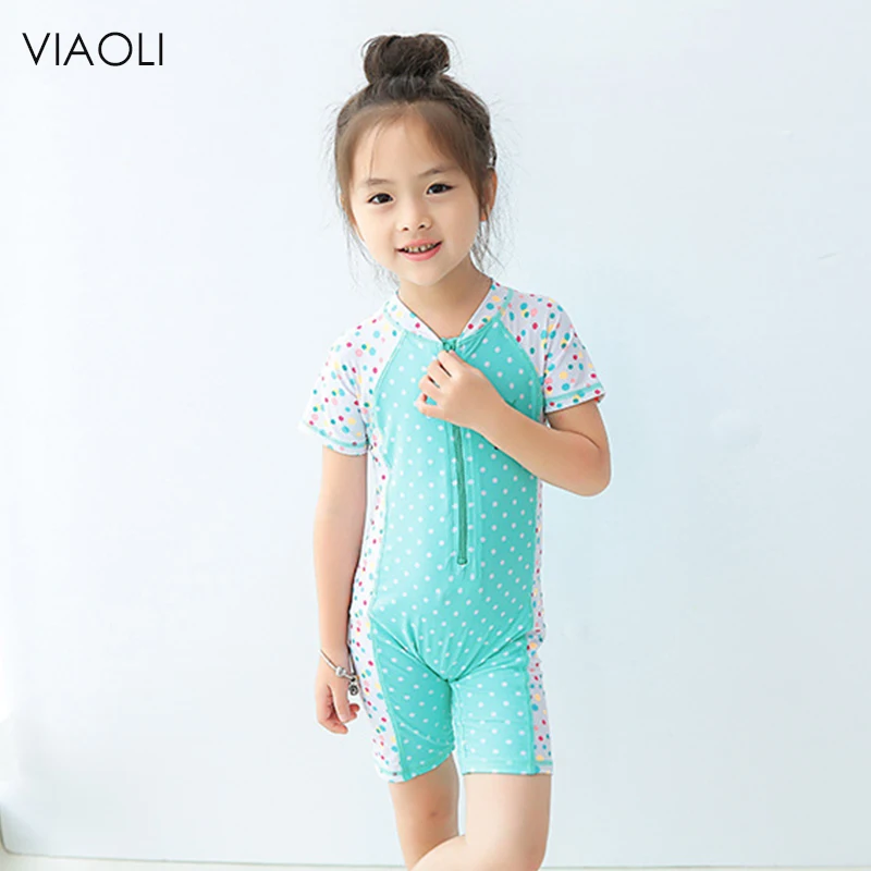 

VIAOLI Bathing Suit Round Neck Bodysuit One Piece Swimwear Girls Solid Color Swimsuit for Kids Blue Beach Wear Short Sleeves