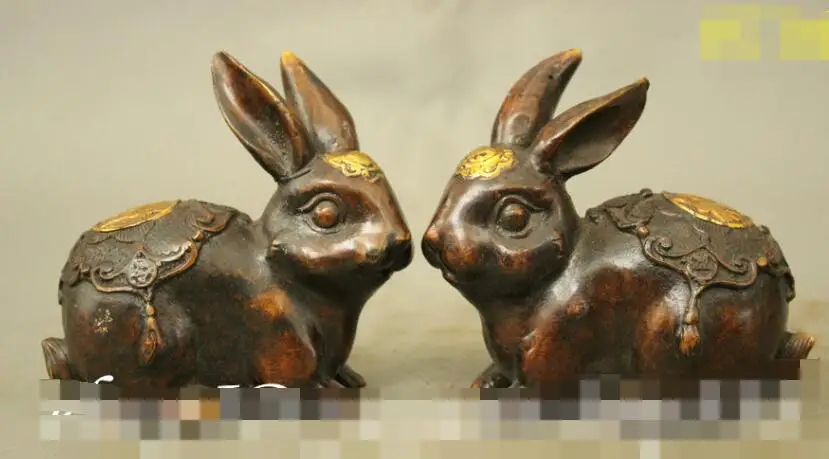 

S03768 Home Adorn Chinese FengShui Bronze Gilt Wealth Rabbit Statue Sculpture Pair Set (B0413)