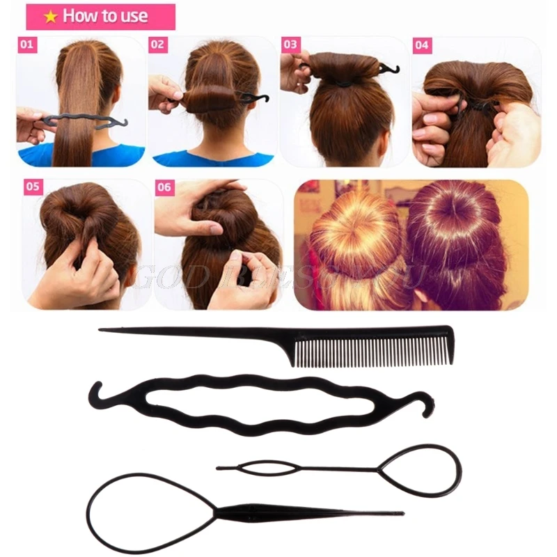 4PCS Plastic Hair Loop Styling Hair Braiding Tools New Magic Topsy Tail Ponytail Hair Bun Maker Clip For Women Girls Hairstyles 4PCS Plastic Hair Loop Styling Hair Braiding Tools New Magic Topsy Tail Ponytail Hair Bun Maker Clip For Women Girls Hairstyles
