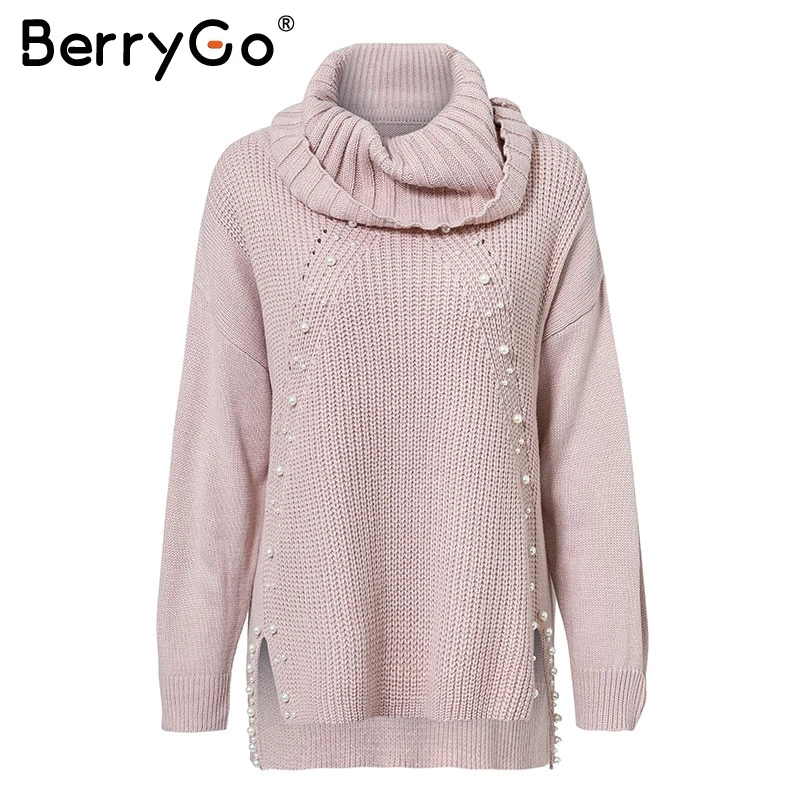 Günstig BerryGo Perlen rollkragen plus größe gestrickte pullover Lose split casual pullover Frauen 2018 Herbst winter langarm jumper