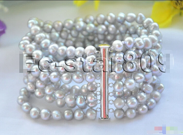 

P5366 8row 8" 7mm Gray Round Freshwater Cultured Pearl Bracelet Magnet @^Noble style Natural Fine jewe SHIPPING 6.2