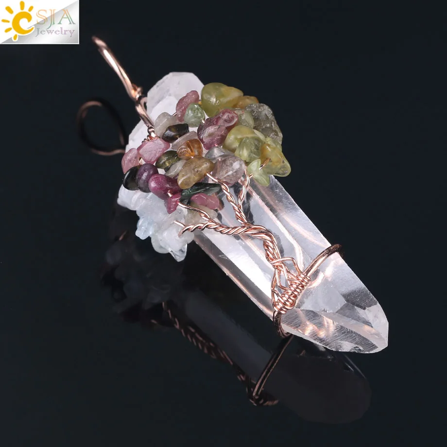 CSJA натуральный белый кристалл большой подвесной Рейки Чакра Древо жизни розовое золото цвет ручной работы провода завернутый кулон для ожерелья F517