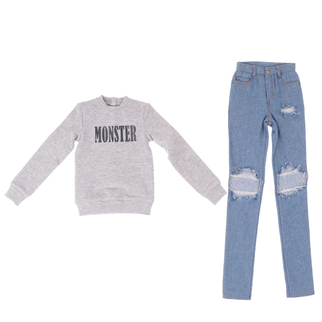 Fashion 1/3 BJD Long Sleeve Tshirt Ripped Jeans Set Outfit Clothes Accessory for Normal 70cm Uncle Size Doll
