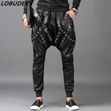 Мужские черные штаны из искусственной кожи осень-зима шаровары низкие брюки со стрелкой панк рок-певец хип-хоп представление длинные брюки