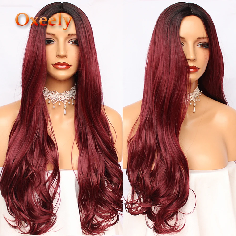 Oxeely Burgundy Long Wavy Hair Synthetic Hair Full Wig Red Natural Body Wave None Lace Wig Heat Resistant Deep Parting for Women