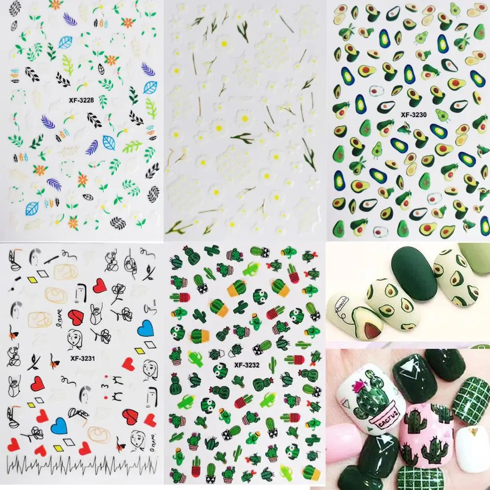 5pc 3D Flower Avocado Nail Art Stickers Decals Cactus Daisy Leaf Nail Foil Decals Nail Stickers Decoration for Women Girls Kids