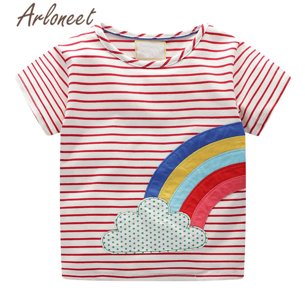 Одежда arloneet, топ с короткими рукавами для мальчиков и девочек, полосатая футболка с героями мультфильмов летняя футболка для девочек года детская блузка для новорожденных девочек