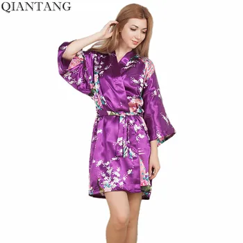 

Top Selling Summer Women's Kimono Mini Robe Purple Faux Silk Bath Gown Yukata Nightgown Sleepwear Pijama Mujer One Size Mds005