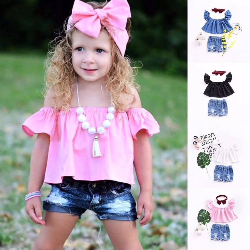 Newborn Baby Girls T shirts Cute Ruffle Off Shoulder Denim Shirt Cotton