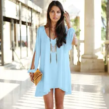 New 2015 Summer Women Dress Elegant V-neck Long Sleeve A-Line Mini Loose Fitting Casual Chiffon vestidos S0137