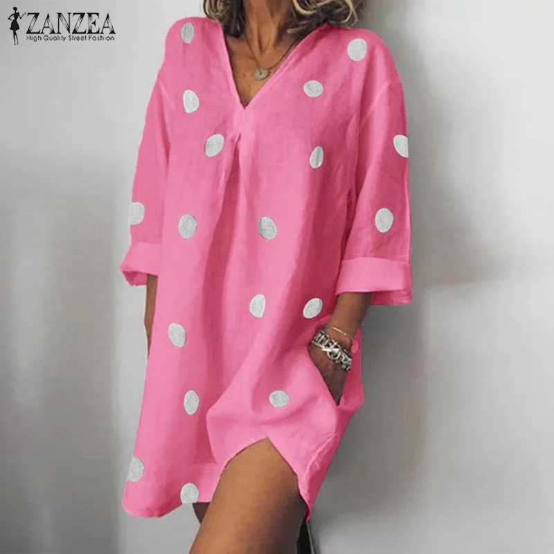 Модное женское платье ZANZEA с v-образным вырезом и длинным рукавом Vestido Femme, мини-платье в горошек, летнее повседневное праздничное Открытое платье, свободное платье