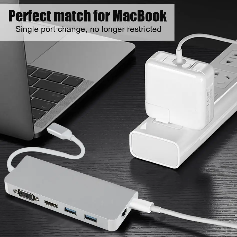 Многофункциональный USB3.0 концентратор адаптер тип-c к HDMI/VGA/RG45 Gigabit LAN/USB3.0/PD конвертер портативный USB-C концентратор для Apple MacBook