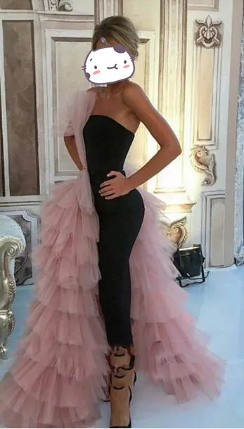 

Trendy 2019 Black Straight Prom Dress Couture Pink Tulle Tiered Long Evening dresses Gowns Ruffles Arabic Formal Women Party