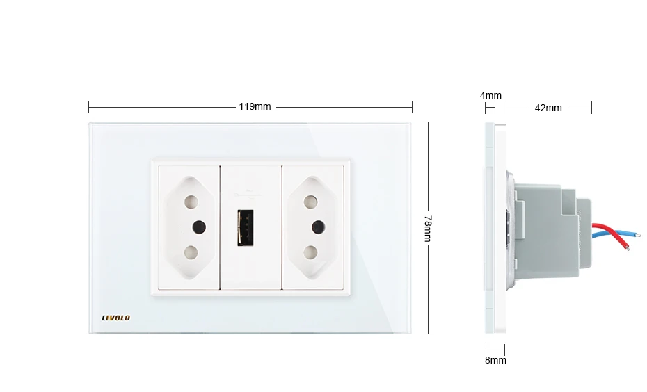 Livolo бразильский/Итальянский стандарт 3 контакта 20А+ USB розетка, белая стеклянная панель без вилки, C9C2UBR2-11