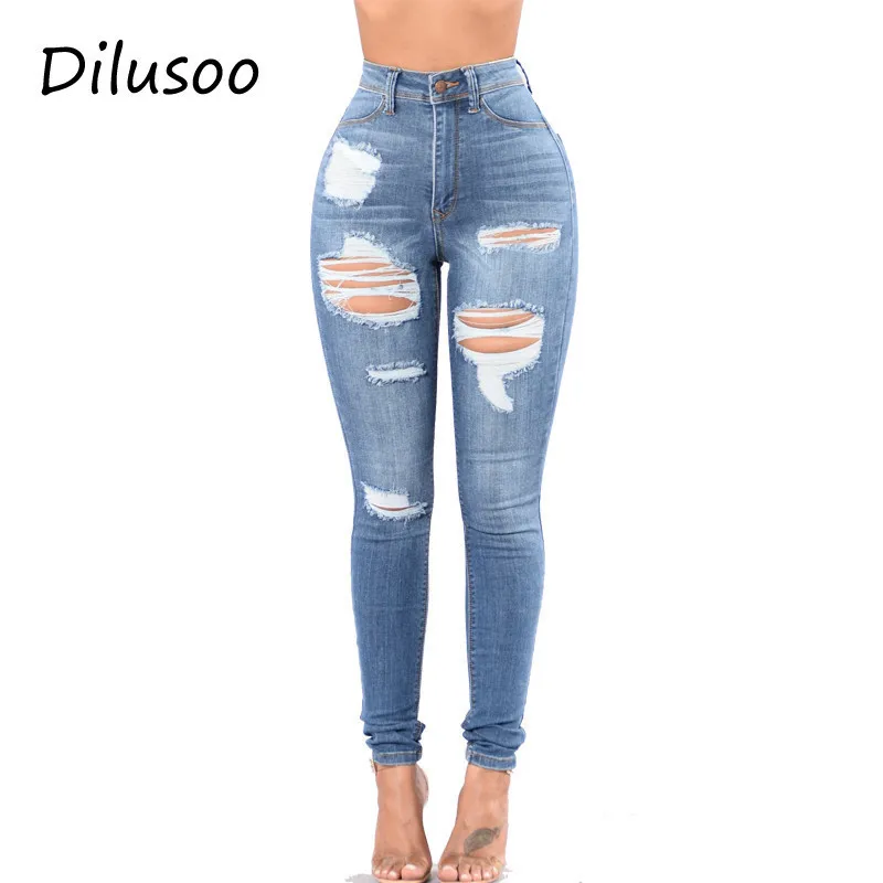 Goedkoop Dilusoo Vrouwen Hoge Taille Jeans Broek Elastische Gaten Denim Jeans 4 Seizoen Potlood Broek Ripped Vrouwen Casual Jeans Broek 2020