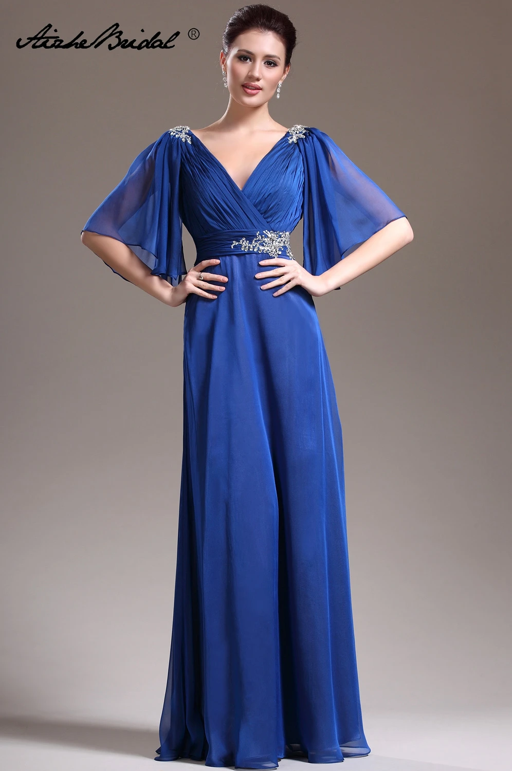 

Gorgeous V Neck Long Beaded Formal Women's Dress A Line Cap Sleeve Backless Chiffon Mother of the Bride Dress