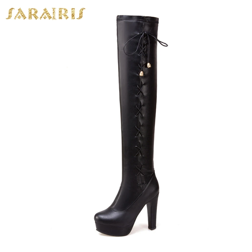 SARAIRIS/Новые брендовые демисезонные сапоги размера плюс 35-50, женская обувь на платформе и высоком каблуке,, женские сапоги до колена - Цвет: Черный