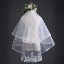 Двухслойная Женская фатиновая свадебная вуаль с вышитыми листьями, аппликация, широкая волнистая отделка, фата невесты с расческой