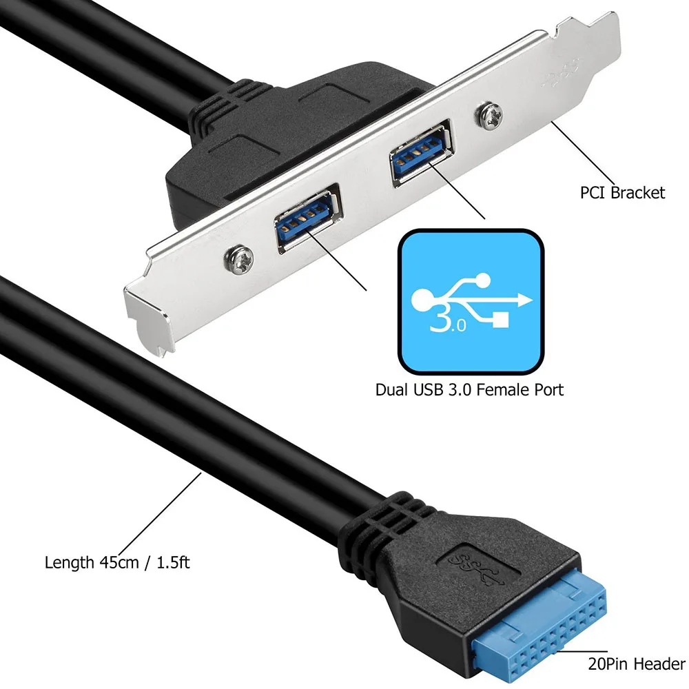 Adaptateur de câble de connecteur d'en-tête avec fente PCI, panneau arrière femelle vers carte mère, carte mère, 2 ports USB 3.0, 50cm, 20 broches