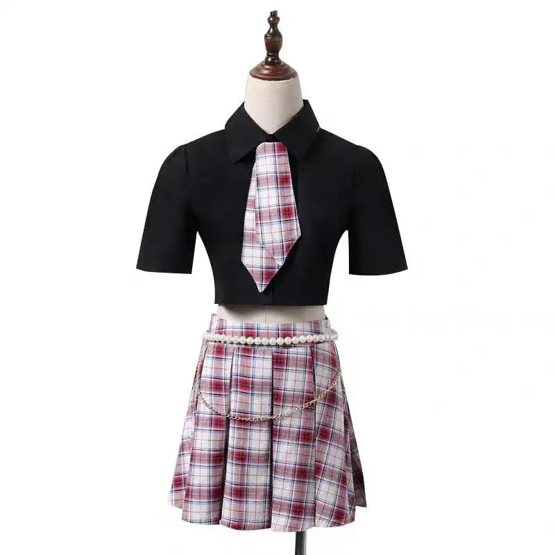 Kpop/черная Розовая Одежда для сценического выступления, пения, Женский комплект 2 шт., Студенческая рубашка в духе колледжа, короткая юбка, комплект из двух предметов