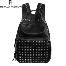 Mujeres Impermeable de Cuero de LA PU Del Remache Mochila Damas Mochilas Para Adolescentes Bolsas Con Cierre Relampago Negro Bolsas 2016 Moda Herald