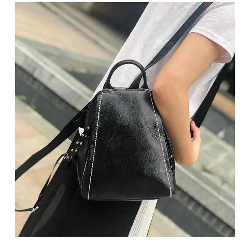 Большой женский рюкзак из воловьей кожи в Корейском стиле, двойная молния, Противоугонный дизайн, женский рюкзак, дорожная сумка черного цвета