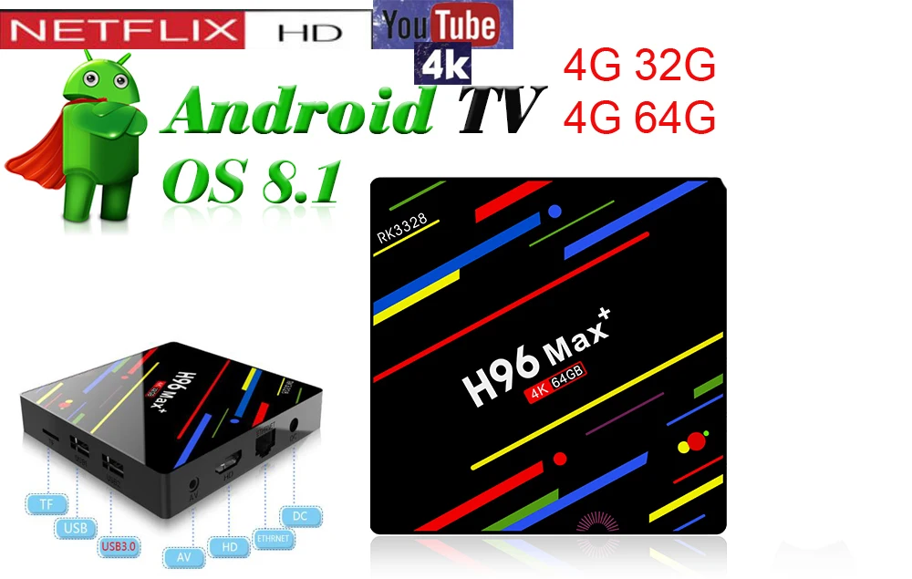 

h96 max plus tv box android 8.1 rk3328 kd18.0 4GB 64GB/32GB EMMC keyboard optional quad core 100m lan media player