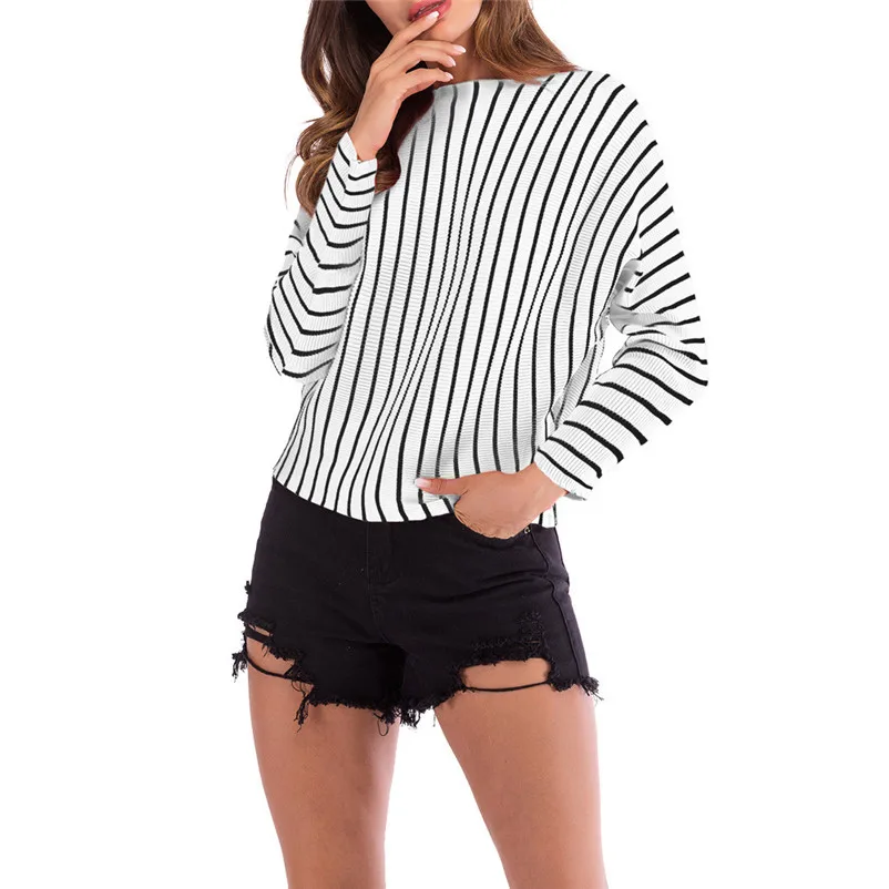 HOT sell sweaters fashion 2018 women Striped O Neck Long Sleeve Knitted Sweater Jumper Pullover Top Blouse Invierno O09#N (9)