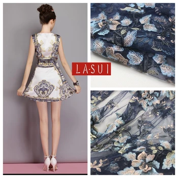 

LASUI 2017New Navy blue Embroidery Mesh Lace Fabrics Hook Flower Watery Cheongsam Dresses with Cloth Exquisite workmanshipX0146