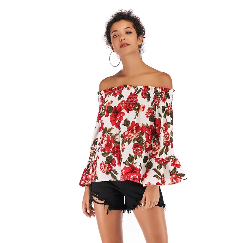 2019 New Summer Women Tops Chiffon Sexy Beach Style Red White Floral Print Slash Neck Strapless Flare Long-sleeved Blouses 2019 New Summer Women Tops Chiffon Sexy Beach Style Red White Floral Print Slash Neck Strapless Flare Long-sleeved Blouses