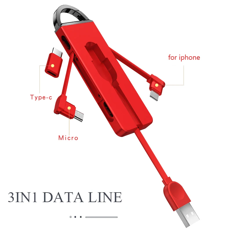3 en 1 Cable Usb tipo C mi cro cargador Cable para IPhone 7 6X8 6 s Plus llavero oculto Cable de carga para Xiao mi x 2 s A1 5