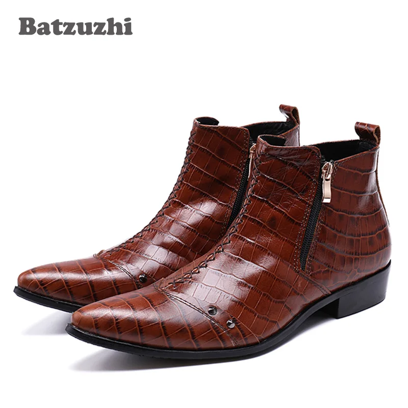 Metal Homem Toe Homens Without Batzuzhi Couro Boots with Moda Dedo Marrom Dos Do Toe Hombre Luxo De Italiano Pé Feitos Genuínos Botas Mão Ankle Estilo Apontado À BgUxnAgFqw