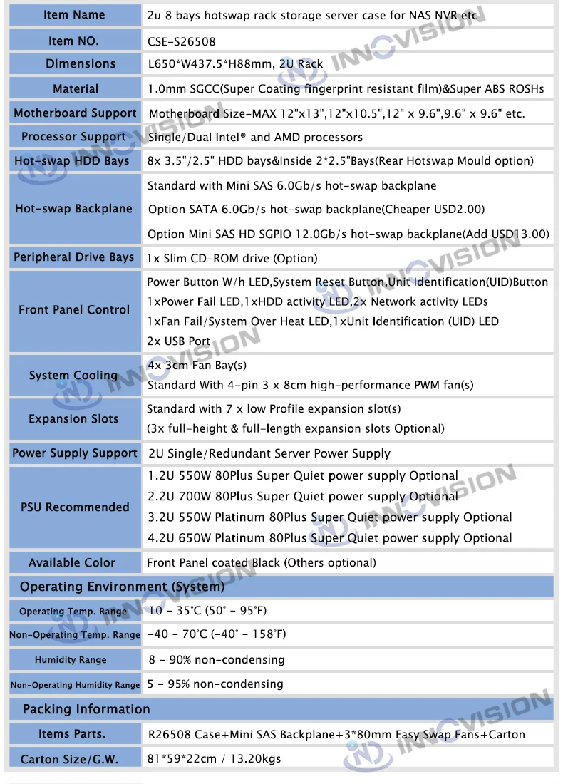 Серверный корпус S26508 с 8 отсеками для установки горячей замены в стойку 2U с мини-платой sas hotswap, поддерживающей 12*13 платы L = 650 мм