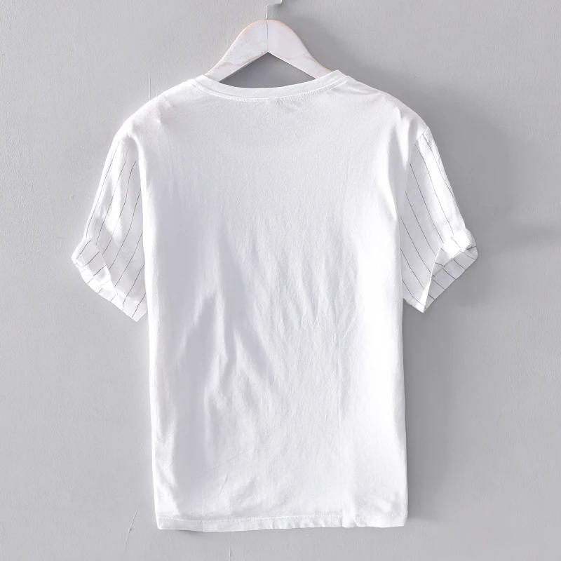 Мужская льняная прошитая полосатая футболка с коротким рукавом, однотонная летняя белая футболка, мужские Модные топы, футболка, мужская рубашка