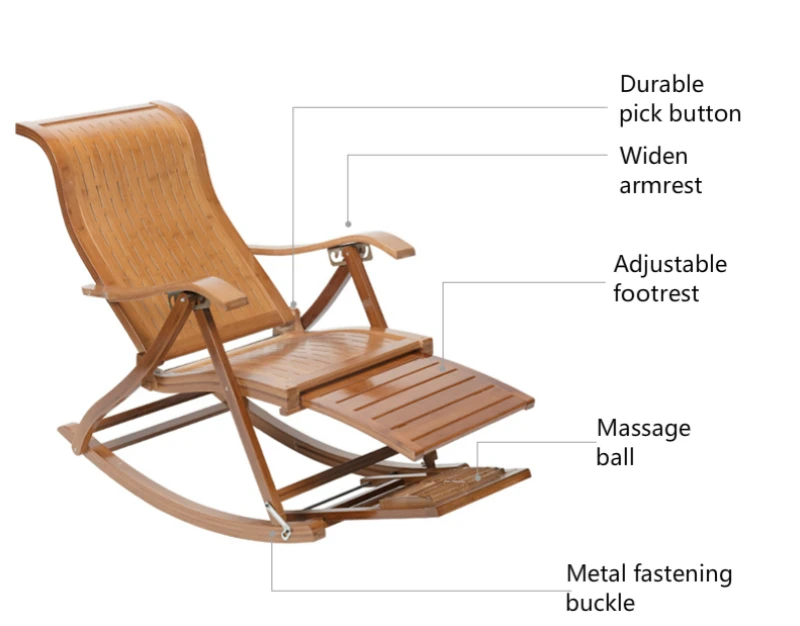 Adult Household Lounge Chair Chinese Foldable Bamboo Stable Rocking Chair with Footrest Adjustable Old People Lunch Break Chair