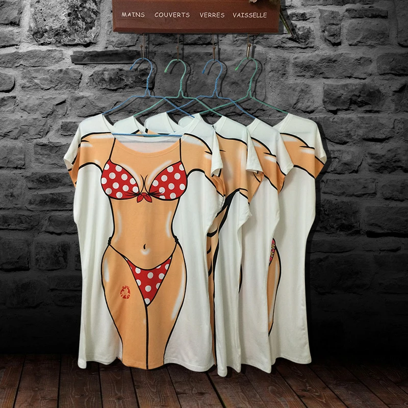 

Modal Summer Tshirt Women Funny Sexy Bikini Print Cover Up Night Club Party Beach T-shirt Top O Neck Short Sleeve Long T shirt