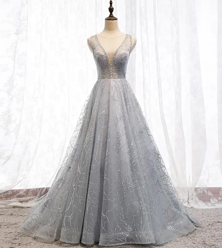 Vestido dama de honra2019 кружевной Блестящий Кристалл Холтер A Line Серебряный Халат Роза hond'honneur шлейф Свадебная вечеринка - Цвет: Серебристый