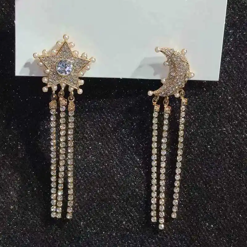 

Han Guodong door personality the moon stars zircon crystal pearl tassel earrings earrings long money woman